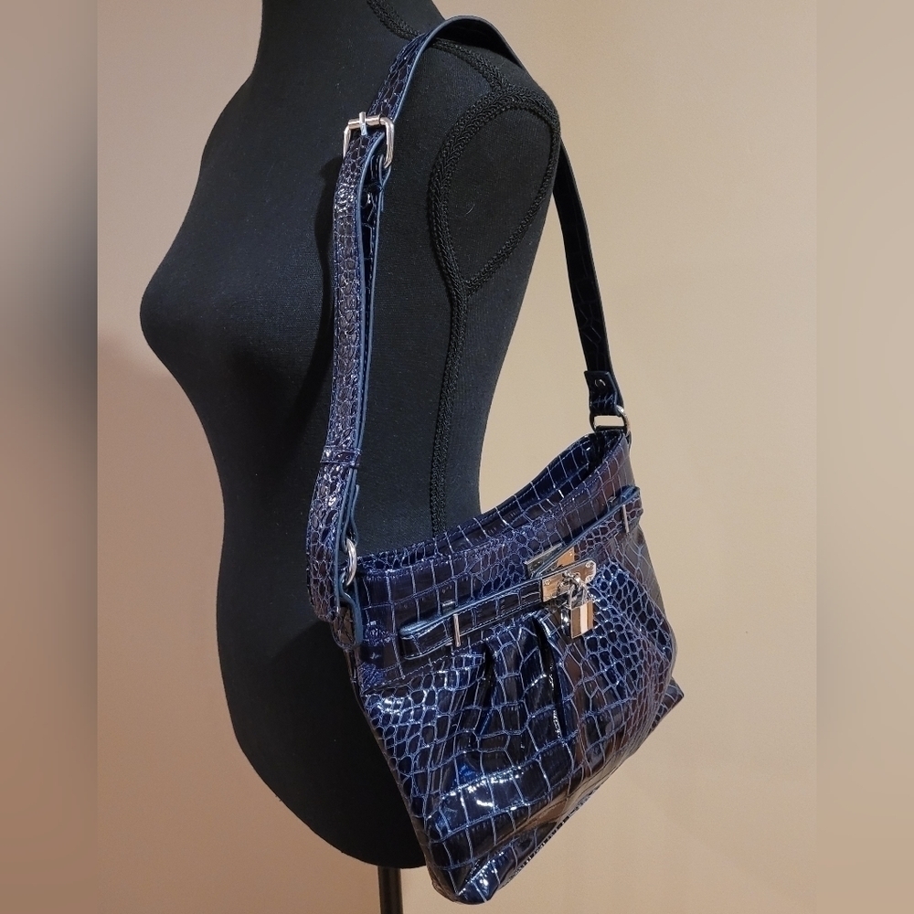 JESSICA Faux Patent Leather Bag, Dark Blue Croc Pattern, Adjustable Strap - Picture 4 of 16